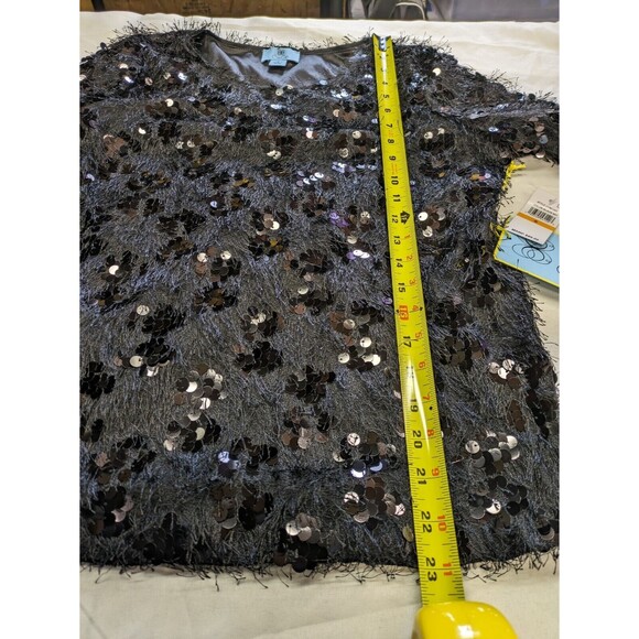 CeCe Black Sequin Feather Fringe Cocktail Top Long Sleeve Women's Small NWT $89 - Picture 9 of 11